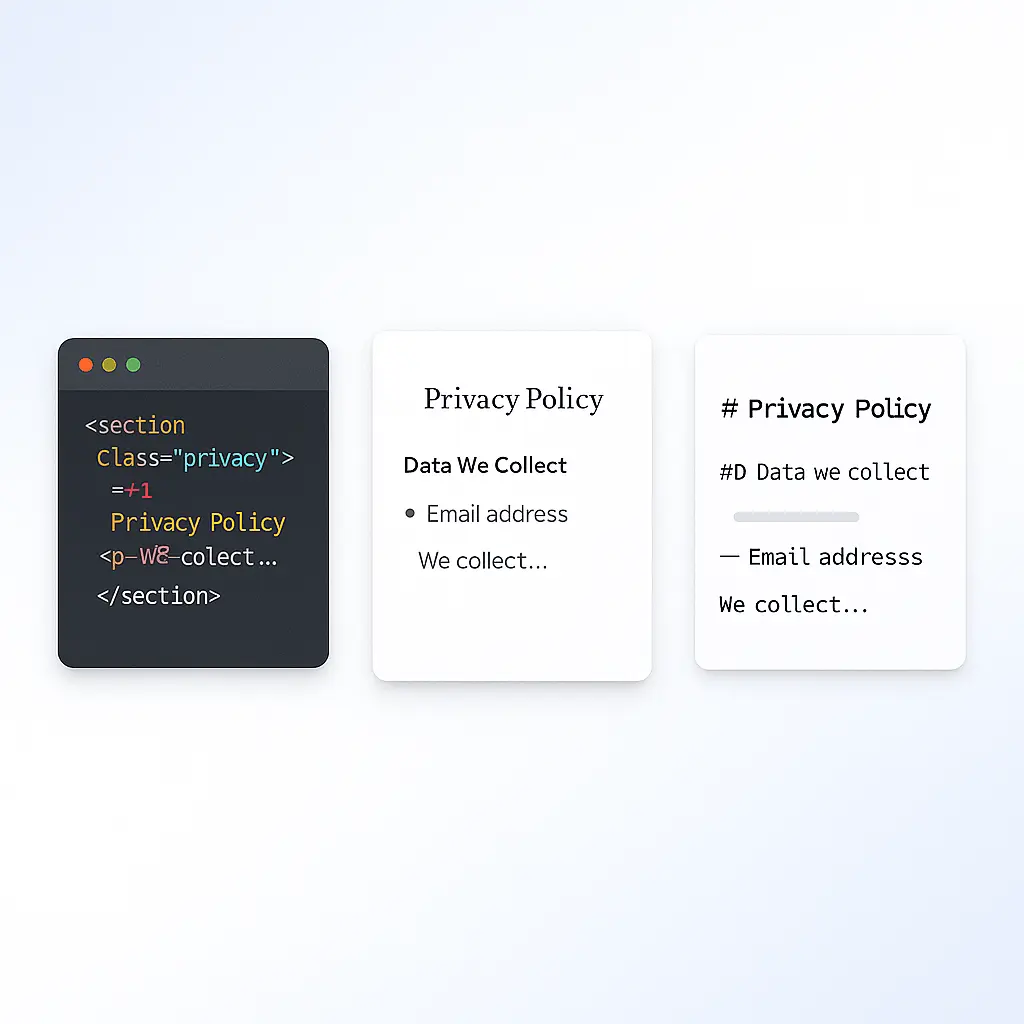Documents juridiques disponibles aux formats HTML, texte simple et Markdown pour une intégration facile dans votre site web