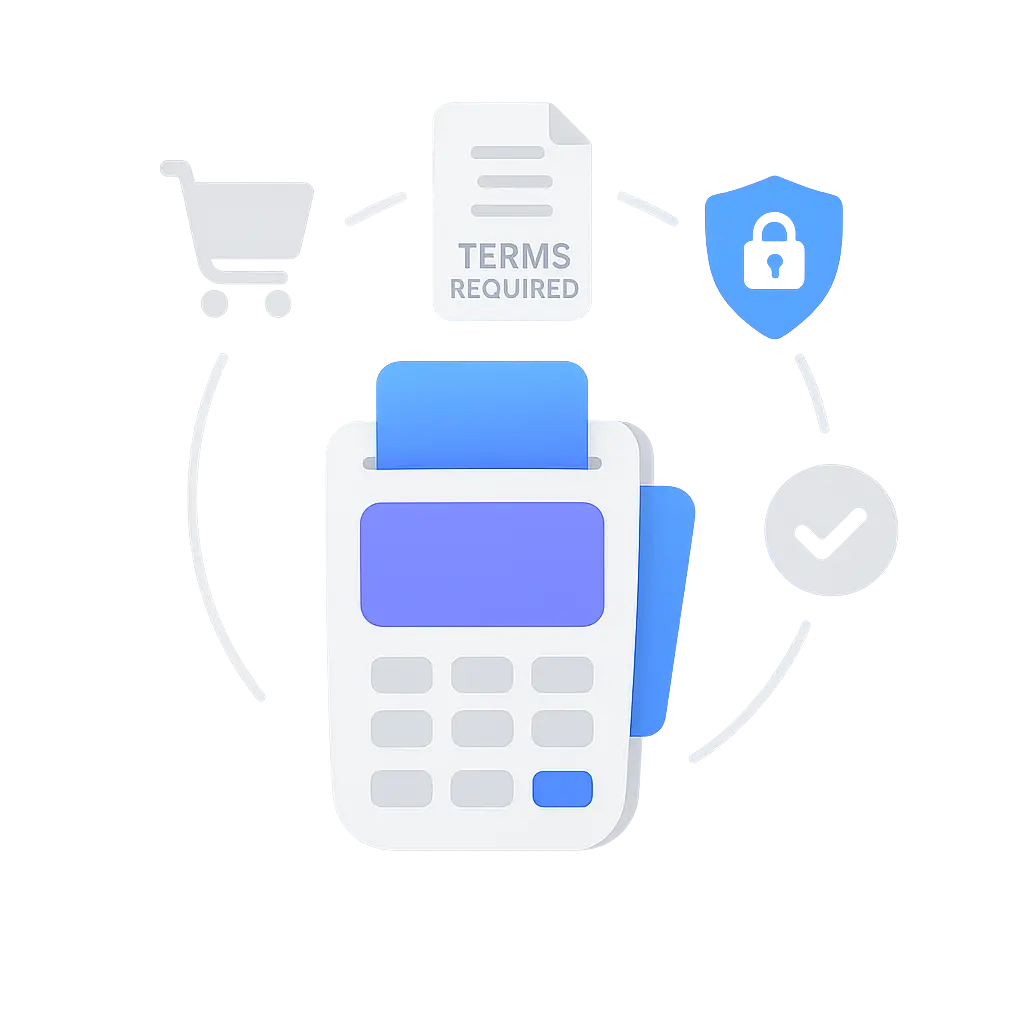 Exigences de conformité juridique e-commerce montrant le besoin de conditions de vente et politiques de confidentialité pour le traitement des paiements en ligne